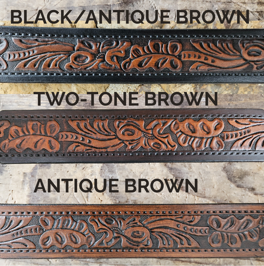 Personalized Pendleton Western floral leather belt with leaf and vine design and custom name.