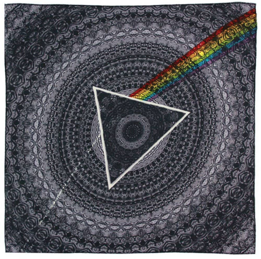 Pink Floyd the Dark side of the Moon shadow bandana. One of the best selling albums of all time. Get yours at our Smyrna, TN shop not far from Murfreesboro.

Choose Black or Purple
22"x 22" square
Made in India