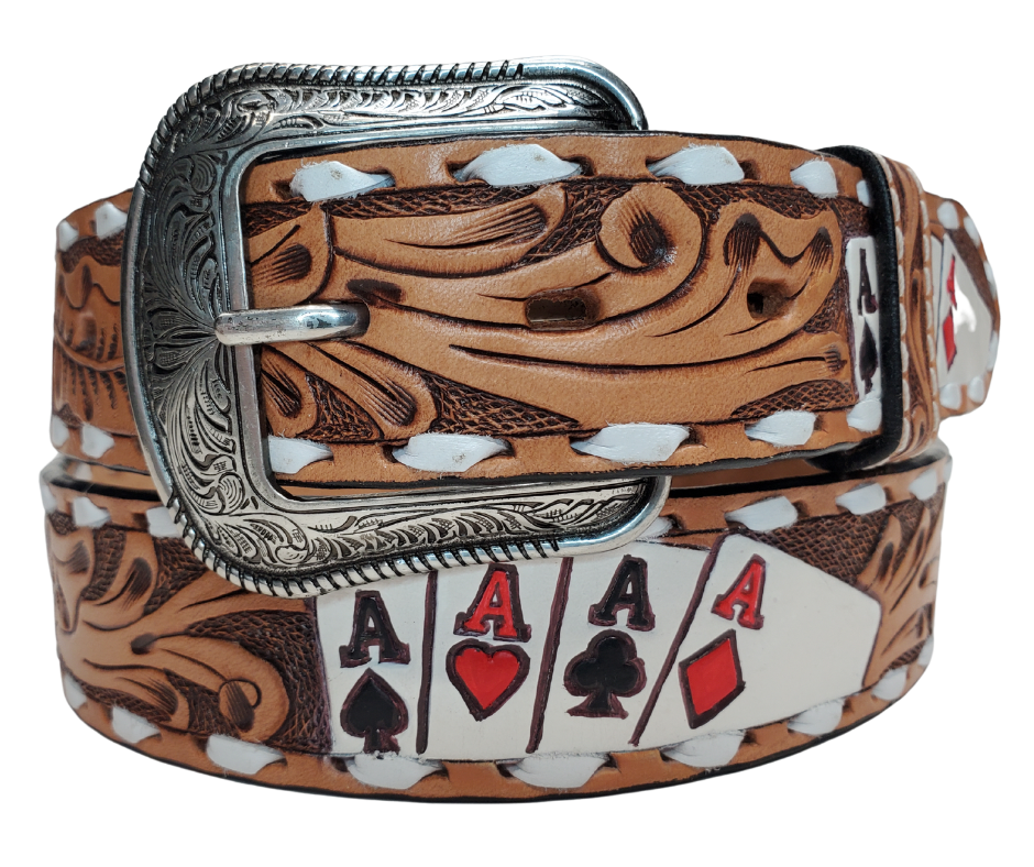 3D Veg Tan Leather Belt with a traditional Tooled look with white Buck Lacing trim. Stocked at our Smyrna, TN shop not far from from downtown Nashville.

3D Leather Belt with snaps for easy buckle change
Patterned with Ace cards hand painted
Western scroll work with white lace.

Imported