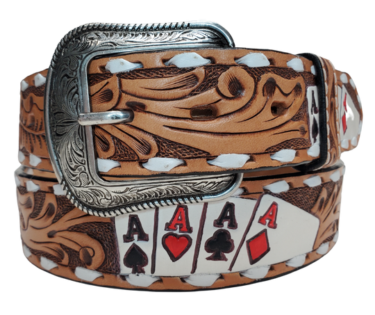 3D Veg Tan Leather Belt with a traditional Tooled look with white Buck Lacing trim. Stocked at our Smyrna, TN shop not far from from downtown Nashville.

3D Leather Belt with snaps for easy buckle change
Patterned with Ace cards hand painted
Western scroll work with white lace.

Imported