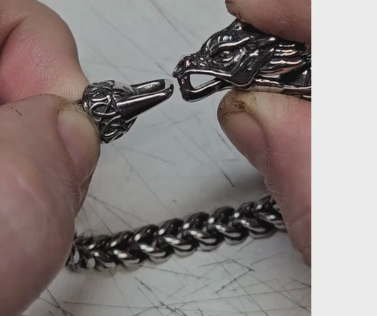 Wear The Franco Dragon and get your Viking attitude happening! The bracelet has ornate Norse style braid that connects the Dragon head and loop together. Made in durable long lasting Stainless Steel for many years of use. In stock at our Smyrna, TN shop not far from wild downtown Nashville.

8.5"L X 5mm W Stainless Steel