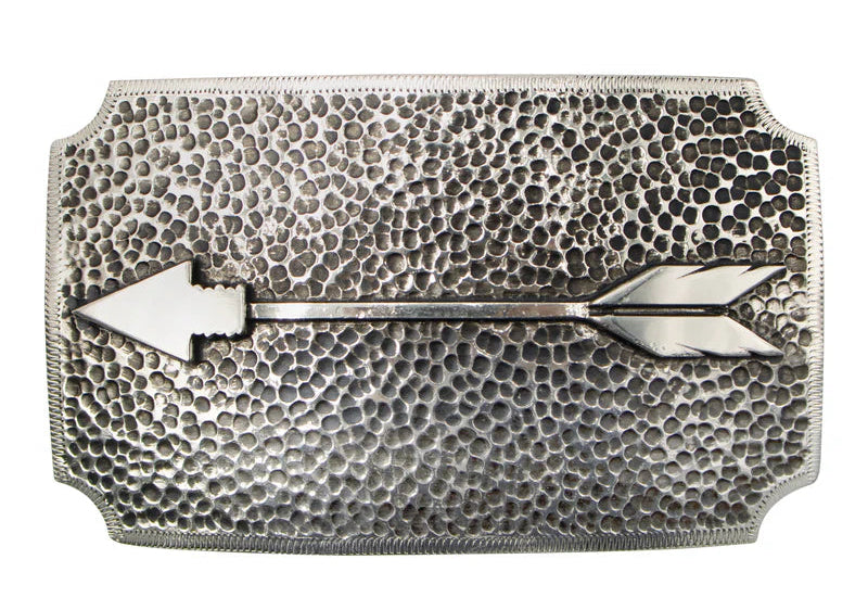 A Primal Arrow was a go-to weapon for hunting and defense, showing focus, strength, and skill. Featuring a hammered backdrop with a feathered arrow as the centerpiece. Each corner of this rectangle buckle appears to have been scooped out. Make a statement with this simple yet classic buckle, a great complement to many styles. Measuring about 2 1/2"x 3 3/4", it suits belts up to 1 3/4" wide. Swing by our Smyrna, TN shop to grab yours!