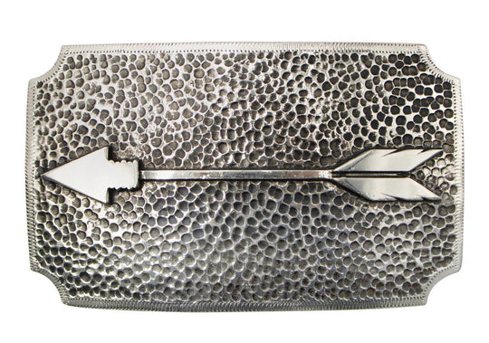 A Primal Arrow was a go-to weapon for hunting and defense, showing focus, strength, and skill. Featuring a hammered backdrop with a feathered arrow as the centerpiece. Each corner of this rectangle buckle appears to have been scooped out. Make a statement with this simple yet classic buckle, a great complement to many styles. Measuring about 2 1/2"x 3 3/4", it suits belts up to 1 3/4" wide. Swing by our Smyrna, TN shop to grab yours!