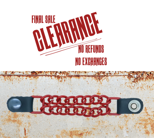 A red metallic chain-link vest chain with black leather ends and metal snap buttons.