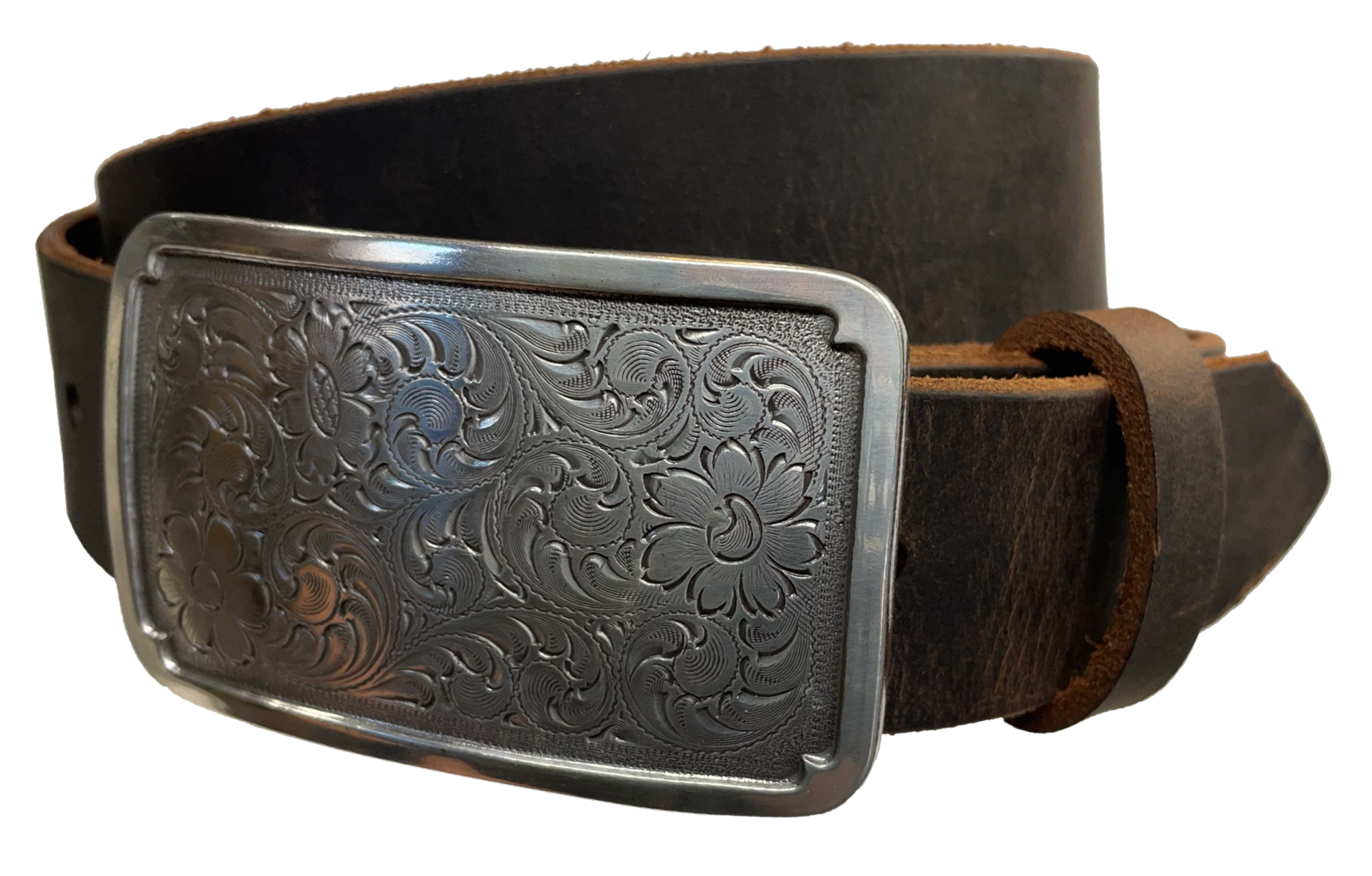 Rectangular antique silver belt buckle with western style tooling, size approx. 3" wide by 2 1/2" tall. Belt is handmade from a single strip of leather in our shop. Belt colors available are distressed brown, black, and dark brown. Buckle snaps in place for easy changing if desired.﻿ CHOOSE ONE BELT STRIP COLOR! Available online and at our shop just outside Nashville in Smyrna, TN.