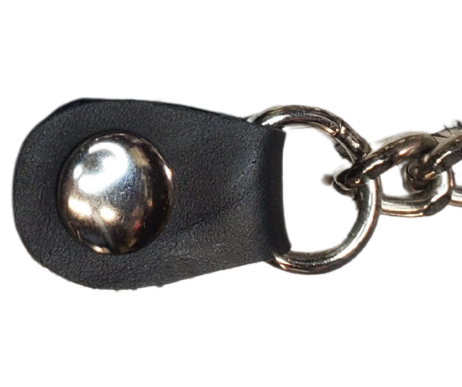 Vest Chains...a great accessory for your vest. Sure they look great but they offer some great options for your riding. In our experience most folks will use at least 2 but some will go with more, it's your choice. These options are the basic chrome plated double chain with leather ends (with exception of Single Chain). The average length is approx. 4"- 4 1/2" long. Snaps are attached with a leather folded part. Please note the ladies vests snap opposite side to the men. Each Sold Individually. 