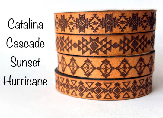 Assorted Southwestern style bracelet cuffs are made from laser engraved, premium, full grain leather, and finished with solid brass snap for a long lasting touch. It's comfortable and lightweight, making it great for everyday wear. 7 1/2 x 1/2 in. Stocked at our Smyrna, TN shop. 