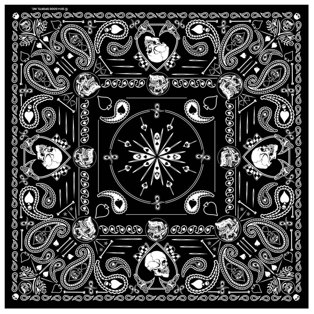 Say what you mean with our Spade Skull Paisley Bandana! Classic artwork with Paisley, Skulls and Spade in the Paisley style design in White, Grey on a black background. Fold these in a way that center stands out while wearing. Get your favorite one at our Smyrna, TN shop not far from Boswells in Nashville.

Classic Style Polyester Bandana
Hot Leathers Original Design
21" X 21" Measurement