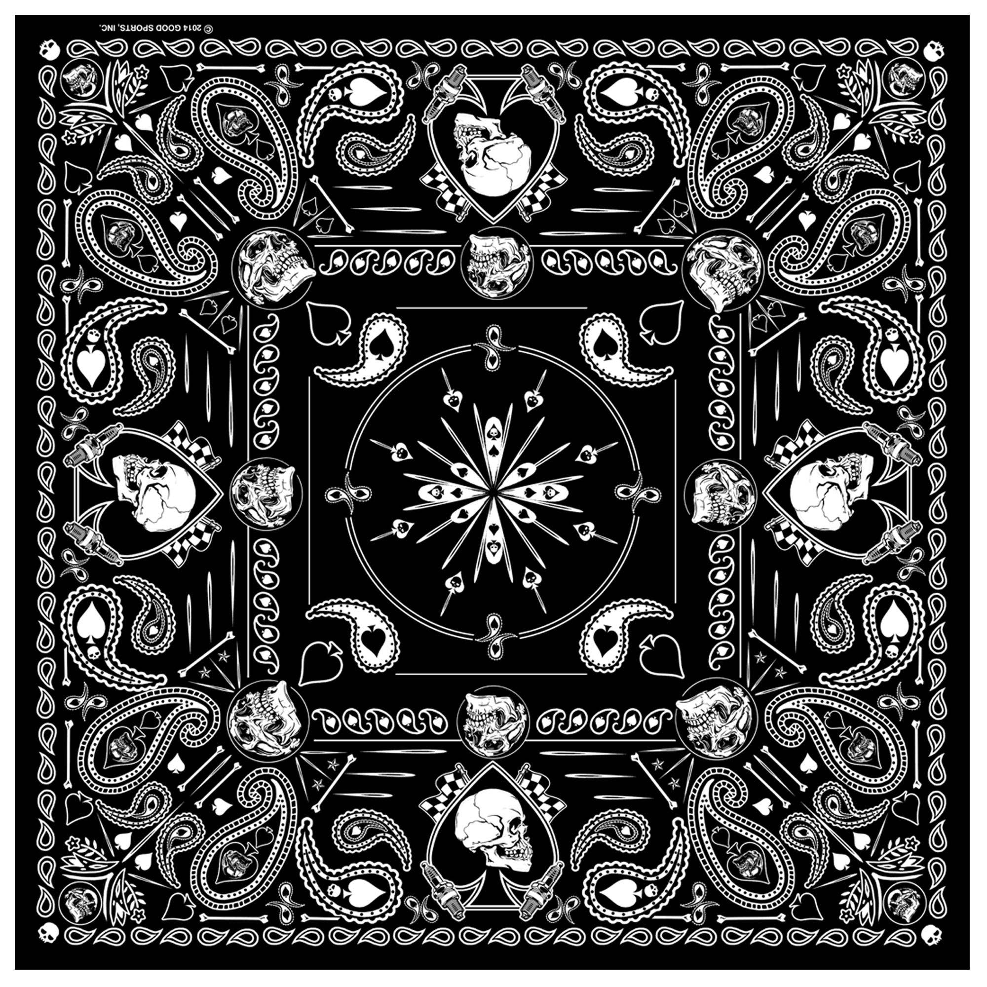 Say what you mean with our Spade Skull Paisley Bandana! Classic artwork with Paisley, Skulls and Spade in the Paisley style design in White, Grey on a black background. Fold these in a way that center stands out while wearing. Get your favorite one at our Smyrna, TN shop not far from Boswells in Nashville.

Classic Style Polyester Bandana
Hot Leathers Original Design
21" X 21" Measurement
