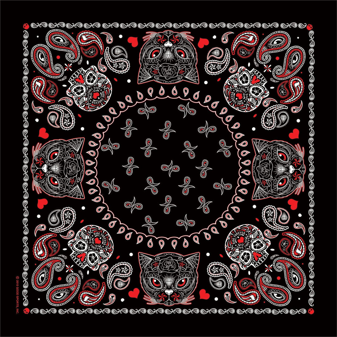 Make a statement with our Sugar Cat Poco Loco Bandana! Classic artwork with Sugar Skulls accented in the paisley design in red and white on a black background. As you know these can be worn many ways...wear them traditionally, or as a skull cap. Multiple Styles of Bandanas in stock. Get your favorite one at our Smyrna, TN shop not far from Boswell's in Nashville.

Classic Style Bandana
Hot Leathers Original Design
Single sided print
21" X 21" Measurement
100% Polyester
Made in Pakistan