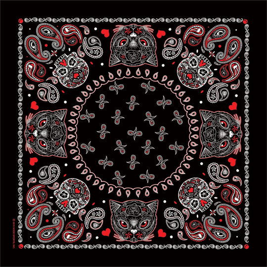 Make a statement with our Sugar Cat Poco Loco Bandana! Classic artwork with Sugar Skulls accented in the paisley design in red and white on a black background. As you know these can be worn many ways...wear them traditionally, or as a skull cap. Multiple Styles of Bandanas in stock. Get your favorite one at our Smyrna, TN shop not far from Boswell&