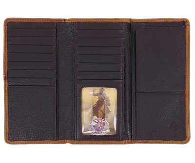 Carry this handsome checkbook wallet, with Western flavored stitching. The Aged Bark colored leather, the Bronc concho in a studded, stitched frame. A unique tri-fold style set this one apart with a soft inside is built to fit 15 cards, checkbook, 2 cash slots, pen, ID window. It's sized at 6 3/4" tall by 3 3/4" wide. Available in our Smyrna, TN store, a short drive id your in Nashville visiting. Silver Creek is Made by Brighton.