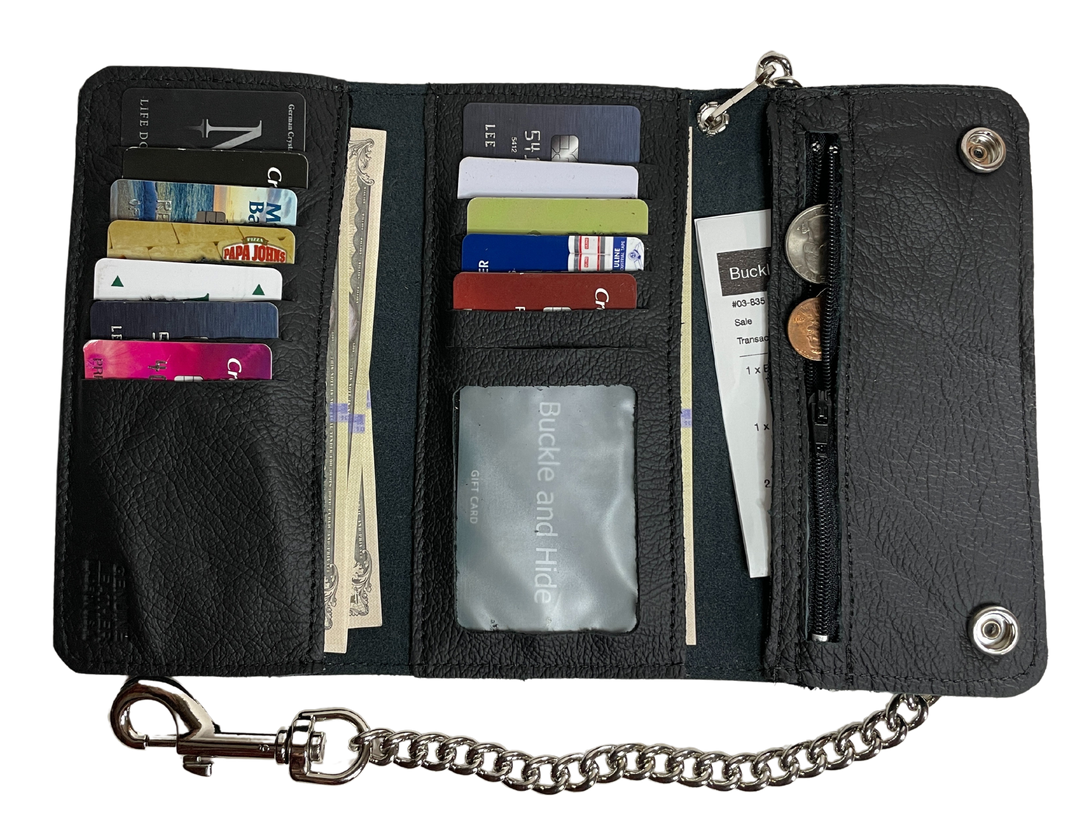The Cruiser" 13 Pocket Chain Wallet has cards for almost everything. It has 3 folding sections to hold cards, money, receipts, and more!

Simple Black Tri-Fold Biker Wallet
13 Card Slots
1 Clear ID slot
Inside pocket with zipper
Secure Snap Closure
7.00” x 3.75"