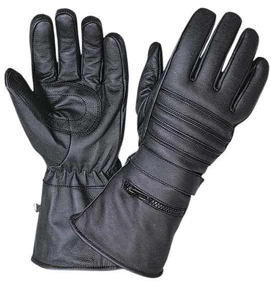 Leather Gauntlet Riding Gloves&amp;nbsp;featuring a zippered pocket with a Rain cover. Adjustable Strap, reinforced palm, one of our heavier thicker gloves. With Gauntlets you are able to have your jacket sleeves up into glove to keep cold air&amp;nbsp; from going up your sleeves. Great for Motorcycle Rides on cooler days. They are available in our shop just outside Nashville in Smyrna, TN.