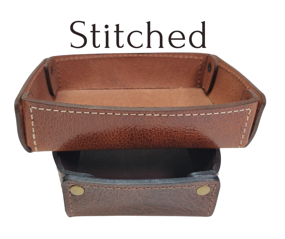 Full 1/8" thick Rectangle Leather Valet tray made in our Smyrna, TN shop. These are our most basic version that we are CLOSING OUT. Very limited stock available. There WILL be some variation from pics in colors. These were Samples and Store Displays. THESE DO NOT COLLASPE like our other valets.