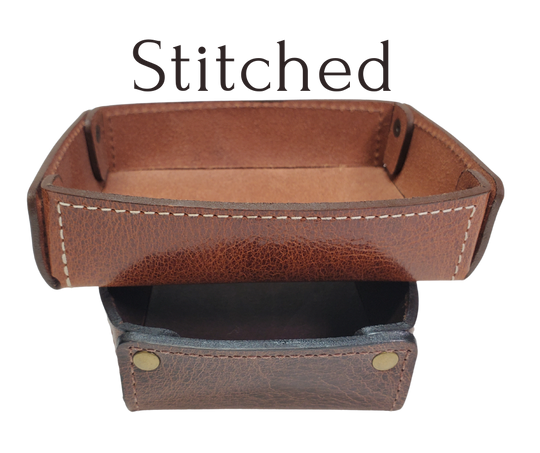 Full 1/8" thick Rectangle Leather Valet tray made in our Smyrna, TN shop. These are our most basic version that we are CLOSING OUT. Very limited stock available. There WILL be some variation from pics in colors. These were Samples and Store Displays. THESE DO NOT COLLASPE like our other valets.