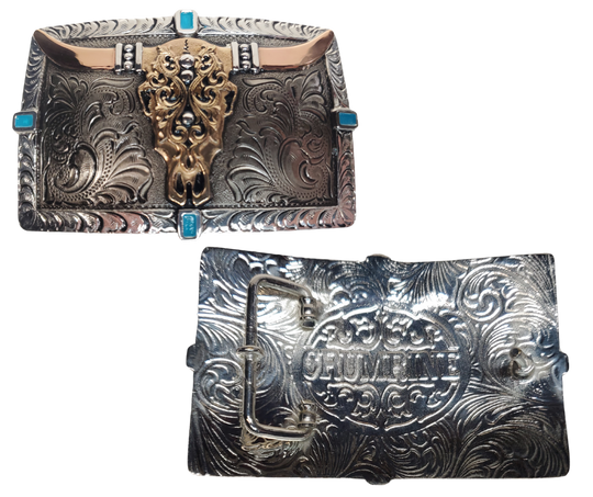The perfect combination of Western, Southwest and ornate scroll work all in one buckle. Your western wardrobe needs this to complete your next night out! Get it at our shop in Smyrna, TN, outside Nashville.

Fits up to 1 1/2" belts
Approx. size 3"x 4"
