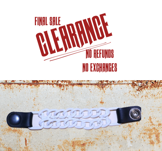 A white chain-link vest chain with black leather ends and metal snap buttons.