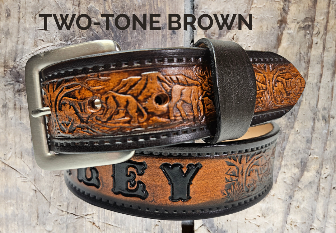 Wilderness leather belt with mountain lion and outdoor scenery