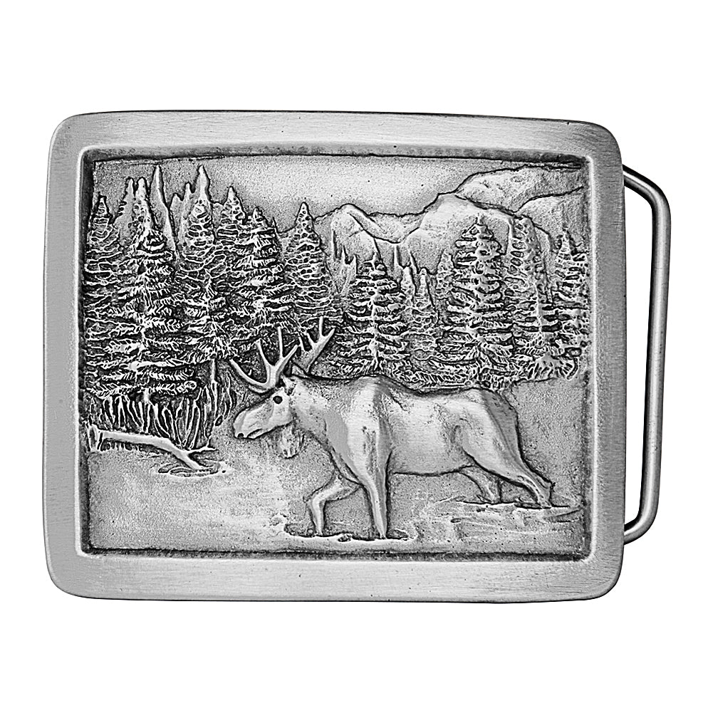 Rectangle shaped antique silver colored belt buckle with wild moose image.  Available online and at our shop just outside Nashville in Smyrna, TN.   MOOSE BELT BUCKLE FOR EITHER 1.5" or 1.75" belts.  BUCKLE SIZE 2.75" x 2.5". Cast unleaded pewter buckle newly manufactured using 1970's-1980's molds. PACKAGED IN GIFT BOX. A unique gift for sportsmen. 100% AMERICAN PROUDLY MADE IN USA