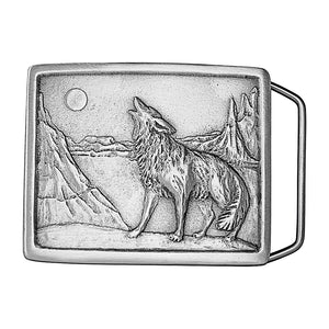 Rectangle shaped antique silver colored pewter belt buckle with howling coyote image.  Available online and at our shop just outside Nashville in Smyrna, TN.   HOWLING COYOTE BELT BUCKLE for 1.5" or 1.75" belts.  BUCKLE SIZE 2.75" x 2.25". Cast unleaded pewter buckle newly manufactured using 1970's-1980's molds. PACKAGED IN GIFT BOX. Newly manufactured. A unique gift for sportsmen. 100% AMERICAN PROUDLY MADE IN USA 