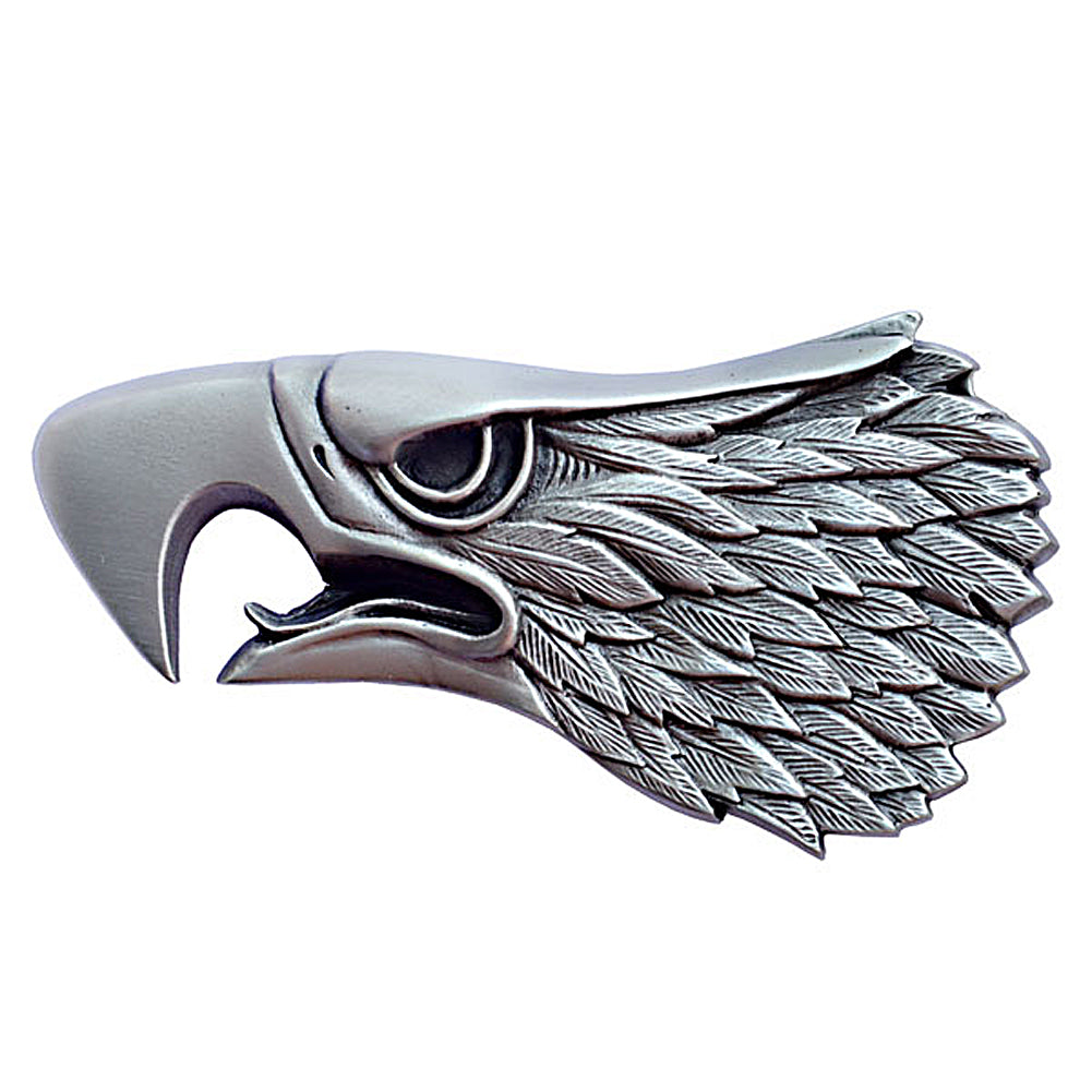 Eagle shaped antique silver colored belt buckle with detailed feathers.  Available online and at our shop just outside Nashville in Smyrna, TN.   SCREAMING EAGLE HEAD BELT BUCKLE FOR EITHER 1.5" or 1.75" leather belts. Genuine apparel for men and women BUCKLE SIZE 4" x 2.25".Cast unleaded pewter buckle newly manufactured using 1970's-1980's molds. Sculpted by Axel Knudsen. PACKAGED IN GIFT BOX. A unique gift for sportsmen. 100% AMERICAN PROUDLY MADE IN USA 