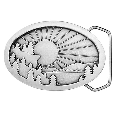 Oval shaped antique silver colored belt buckle with tree and sunrise image with a 70's vibe.  Available online and at our shop just outside Nashville in Smyrna, TN.   Size 3.25" x 2.25". Cast unleaded pewter buckle for either 1.5" or 1.75" belts. Packaged in gift box. Made in USA 