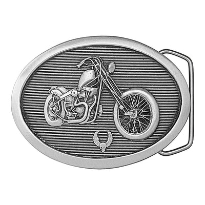 The wind is in your face on a curvy road! Oval shaped antique silver colored belt buckle with motorcycle image.  Available online and at our shop just outside Nashville in Smyrna, TN.   Size 3.25" x 3". Cast unleaded pewter buckle for either 1.5" or 1.75" belts. Packaged in gift box. Made in USA 