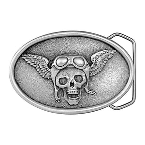 You have your Leather on and riding free in the wind! Oval shaped antique silver colored belt buckle with skull wing and goggles image.  Available online and at our shop just outside Nashville in Smyrna, TN.   Size 3.25" x 2.25". Cast unleaded pewter buckle for either 1.5" or 1.75" belts. Packaged in gift box. Made in USA 