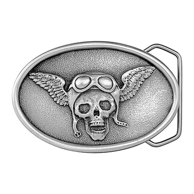 You have your Leather on and riding free in the wind! Oval shaped antique silver colored belt buckle with skull wing and goggles image.  Available online and at our shop just outside Nashville in Smyrna, TN.   Size 3.25" x 2.25". Cast unleaded pewter buckle for either 1.5" or 1.75" belts. Packaged in gift box. Made in USA 