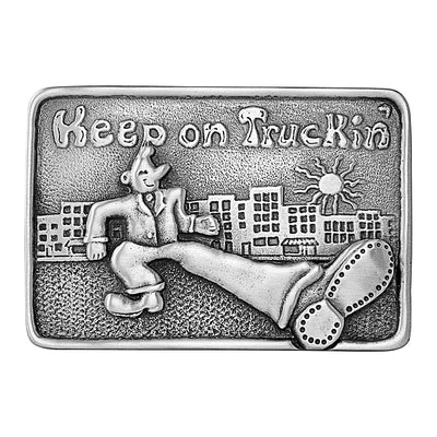 For the Trucker in your life! Go back to CB radio's, convoys with this antique silver colored belt buckle with 70's Keep On Truckin' image.  Available online and at our shop just outside Nashville in Smyrna, TN.   𝐁𝐄𝐋𝐓 𝐁𝐔𝐂𝐊𝐋𝐄: Keep on Truckin' belt buckle newly cast from vintage 1970's molds 𝐁𝐔𝐂𝐊𝐋𝐄 𝐒𝐈𝐙𝐄: Buckle size is 3.5 inch x 2.25 inch. Cast unleaded pewter buckle for either 1.5 or 1.75 inch belts. vintage molds created in the 1970's. This belt buckle is 100% American proudly made in USA 