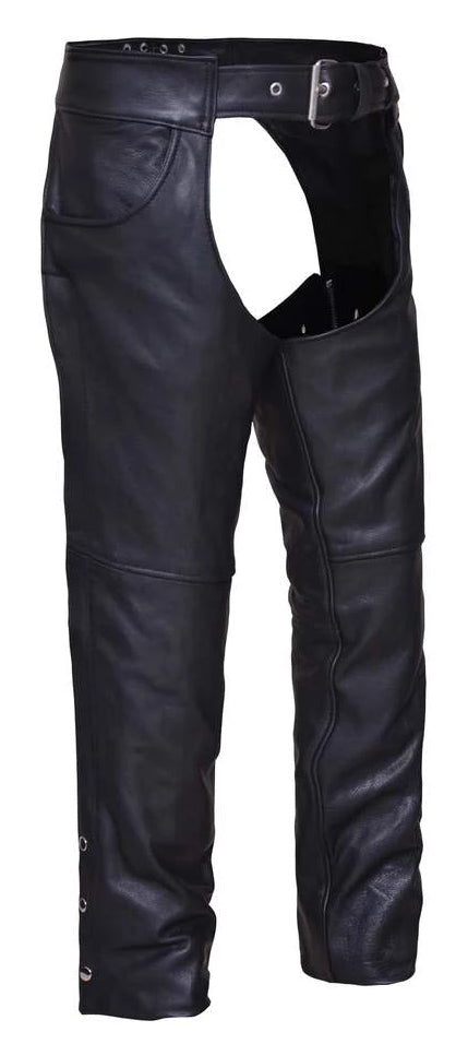 Jean pocket black leather chaps are made from soft, milled cowhide and are perfect for motorcycle riding in milder weather.  They have a nylon non-removable liner down to the knee. They have a belt closure with a lace waist adjustment in the back.  Zipper runs down the outer leg from hip to just below knee, snaps run rest of leg length.  They are available for purchase in our shop in Smyrna, TN, just outside of Nashville