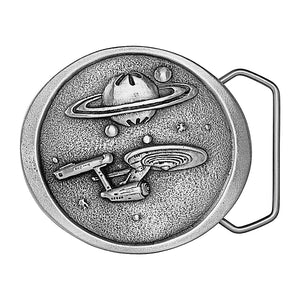 Phasers, Transporters, and a Captain take you into another galaxy!  Round antique silver colored belt buckle with Space image.  Available online and at our shop just outside Nashville in Smyrna, TN.   Size 3" x 2.5". Cast unleaded pewter buckle for either 1.5" or 1.75" belts. Packaged in gift box. Made in USA 