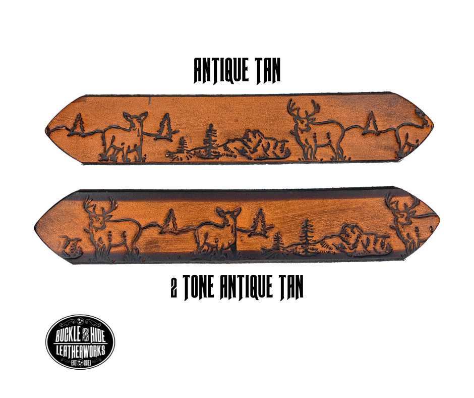 This belt is for the Outdoorsy type with Deer scene embossed onto a solid strip of Veg Tan cowhide, is hand stained brown, with smooth, finished edges. Embossed with a classic deer scene down length of belt, or have name added to scene up to 10 letters. Belt thickness is approx. 1/8", and 1 1/2" wide. Attached with 2 snaps, for easy buckle change, is an antique silver colored buckle. Made just outside Nashville in our Smyrna TN shop.