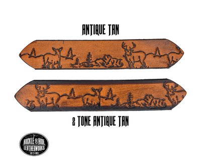 This belt is for the Outdoorsy type with Deer scene embossed onto a solid strip of Veg Tan cowhide, is hand stained brown, with smooth, finished edges. Embossed with a classic deer scene down length of belt, or have name added to scene up to 10 letters. Belt thickness is approx. 1/8", and 1 1/2" wide. Attached with 2 snaps, for easy buckle change, is an antique silver colored buckle. Made just outside Nashville in our Smyrna TN shop.