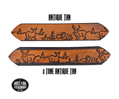 This solid strip of Veg Tan cowhide, is hand stained brown, with smooth, finished edges. Embossed with a classic deer scene down length of belt, or have name added to scene up to 8 letters. Belt thickness is approx. 1/8", and 1 1/2" wide. Sizes available are 34" to 44" from buckle end to hole most worn. Attached with 2 snaps, for easy buckle change, is an antique silver colored buckle. 