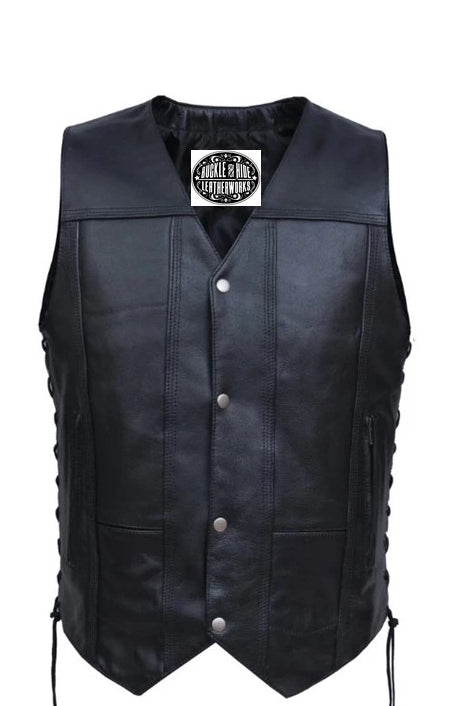 This black leather riding vest comes in tall sizes and is made from premium buffalo hide leather. It has 10 pockets including inside carry conceal pockets. Length is approximately 4" longer than regular sized vest. Back is one solid panel, available in sizes small through 5x. May be purchased in our shop in Smyrna,TN outside of Nashville.  It has a v-neck, snap front closure, and laces up the sides.
