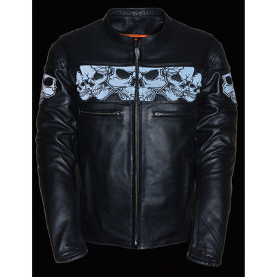 Night time reflective view of black leather riding jacket with skulls pictured around torso.  Front has zippered closure and 2 small exterior zippered pockets.  Sleeves have zippers and snaps at wrists. Available for purchase at our leather shop in Smyrna, TN, near Nashville.