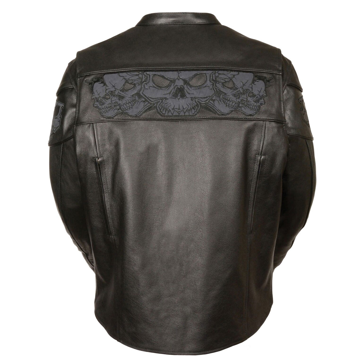 This heavy cowhide black leather motorcycle riding jacket has band of reflective skulls around the upper torso. It comes in sizes small through 5x and is available for purchase in our shop in Smyrna, TN, just outside Nashville.  It has multiple zippered pockets and vents and a zip out liner.  Back view showing zippered vents along back seams and reflective skulls across upper back.