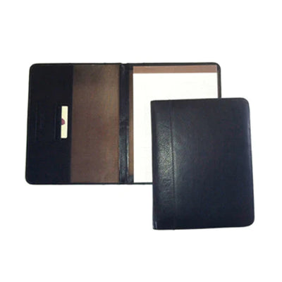 Size: 9.75 x 13.125 x 1  Genuine cowhide leather from Argentina. Two card slots, open pocket & center pen sleeve. Slip pocket for documents. Writing pad is reversible for right or left hand