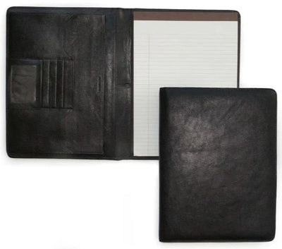 Genuine cowhide leather from Argentina. Two slip pockets, four card slots, ID window & center pen sleeve. Slip pocket & gusseted pocket for documents. Writing pad is reversible for right or left hand
