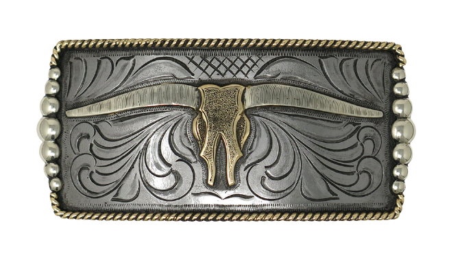 One of our more unique buckles, it has a rectangle shape with a Western scroll design, and a beaded rope edge framing a Longhorn steer. This buckle is made from German Silver (nickel and brass alloy) or iron metal base. Some buckles have motifs made of copper, iron or brass and some are adorned with synthetic stones. Buckle size is Width 5” Height 2” and is available in our Smyrna, TN shop.