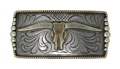 One of our more unique buckles, it has a rectangle shape with a Western scroll design, and a beaded rope edge framing a Longhorn steer. This buckle is made from German Silver (nickel and brass alloy) or iron metal base. Some buckles have motifs made of copper, iron or brass and some are adorned with synthetic stones. Buckle size is Width 5” Height 2” and is available in our Smyrna, TN shop.