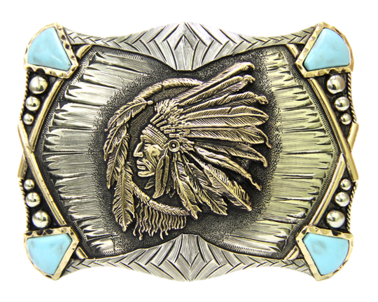 The Indian Chief buckle has a rectangle shape southwest design a centered by a feathered head dressed Chief framed by synthetic stones on each corner. This buckle is made from German Silver (nickel and brass alloy) or iron metal base. Some buckles have motifs made of copper, iron or brass and some are adorned with synthetic stones. Buckle size is Width Width 4” Height 3” and is available in our Smyrna, TN shop.