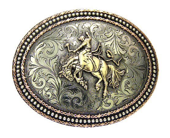 The Montar Bronc buckle has a classic oval shape with a Western scroll design, and a beaded barbwire edge framing a Bronc Rider. This buckle is made from German Silver (nickel and brass alloy) or iron metal base. Some buckles have motifs made of copper, iron or brass and some are adorned with synthetic stones.  Buckle size is Width 4.5” Height 3.5” a little bigger than some of our other buckles that is available in our Smyrna, TN shop.