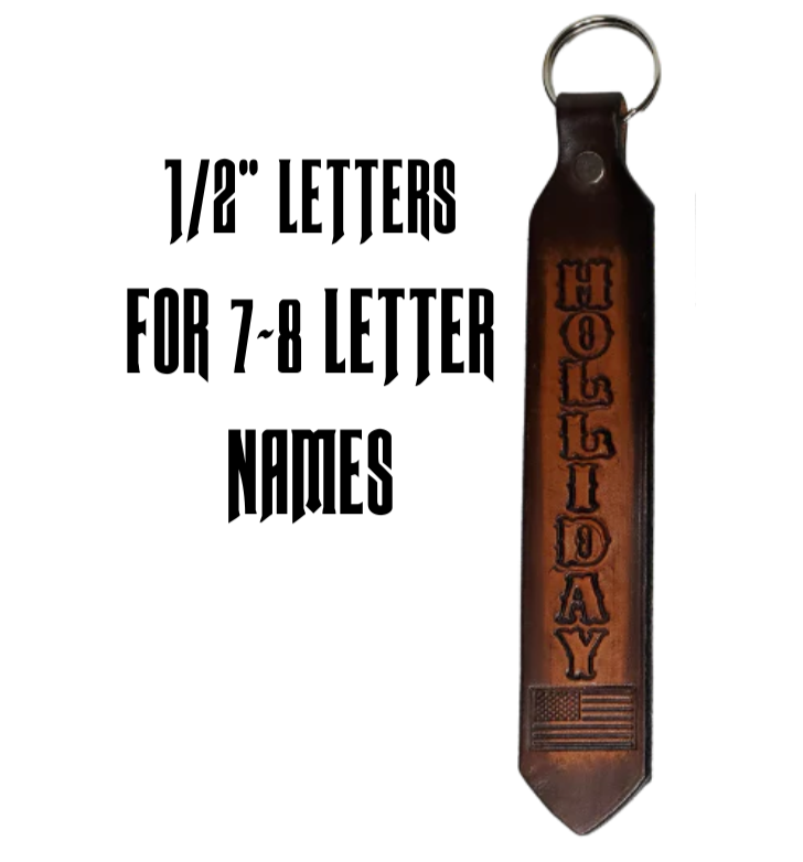 Our Customizable "1975" Longer Leather keychain embossed similar to our popular belts.  Great for identifying luggage, backpacks, or your keys! Available in the below choices All colored in our popular 2 TONE BROWN, pick one or a few. Made in our Smyrna, TN shop. Please type desired name in CUSTOM box.