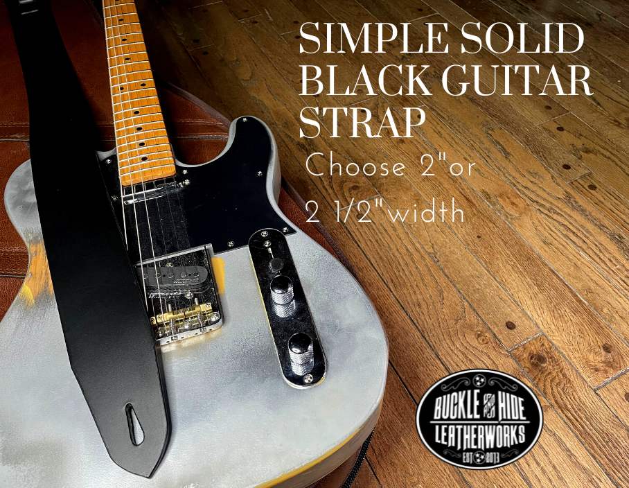 Nothing is more classic than Solid Black. "The CASH" Guitar Strap is just that it's made from 1/8" thick drum dyed vegetable tanned cow hide and has a smooth, glossy finish.  The main strap is made from a single strip of leather with beveled and painted edges.  Choose a 2" or 2 1/2" wide strap with a classic adjustment style. Made just outside Nashville in Smyrna, TN.