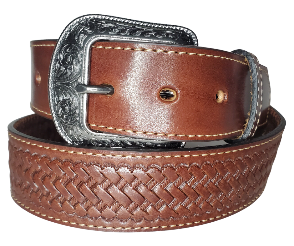 "The Chisholm Trail" is a real leather belt made from a single thick parts of cowhide shoulder leather that is 8-10 oz. or approx. 1/8" thick. It is assembled in 3 main sections 2 billets or end parts and the main center section. It has  also has a Braid pattern. The buckle has ornate western floral pattern that's antique nickel plated and is snapped in place for easy buckle change.  This belt is stocked in our shop in Smyrna, TN just outside Nashville.