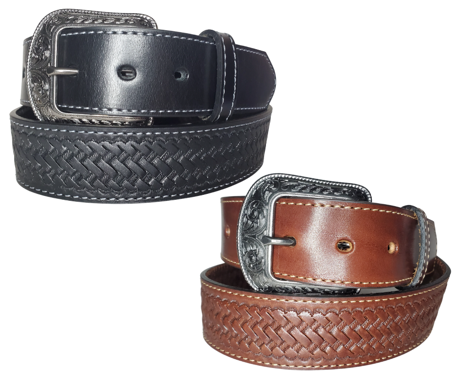 "The Chisholm Trail" is a real leather belt made from a single thick parts of cowhide shoulder leather that is 8-10 oz. or approx. 1/8" thick. It is assembled in 3 main sections 2 billets or end parts and the main center section. It has  also has a Braid pattern. The buckle has ornate western floral pattern that's antique nickel plated and is snapped in place for easy buckle change.  This belt is stocked in our shop in Smyrna, TN just outside Nashville.