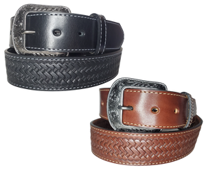 "The Chisholm Trail" is a real leather belt made from a single thick parts of cowhide shoulder leather that is 8-10 oz. or approx. 1/8" thick. It is assembled in 3 main sections 2 billets or end parts and the main center section. It has  also has a Braid pattern. The buckle has ornate western floral pattern that's antique nickel plated and is snapped in place for easy buckle change.  This belt is stocked in our shop in Smyrna, TN just outside Nashville.